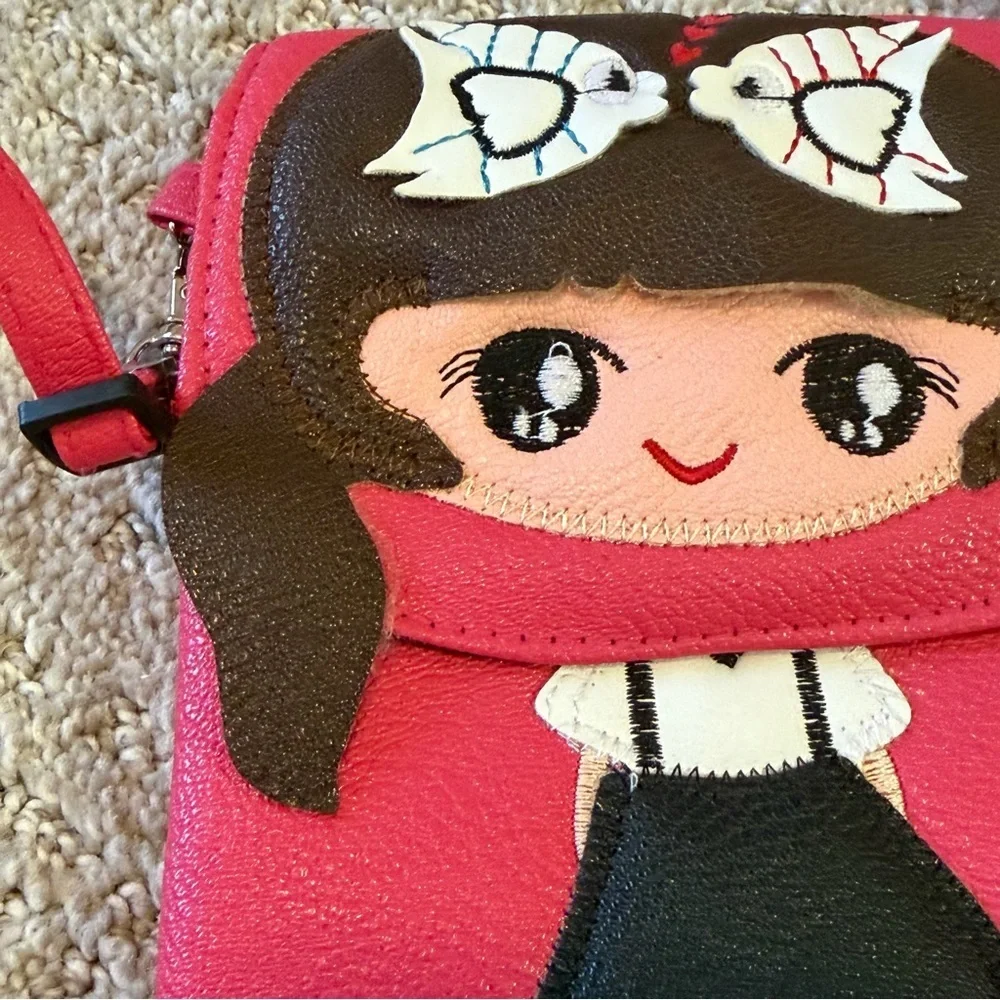 Pink Little Girl Shoulder Bag Small Purse Crossbody Brown Hair Fish Bow Dress